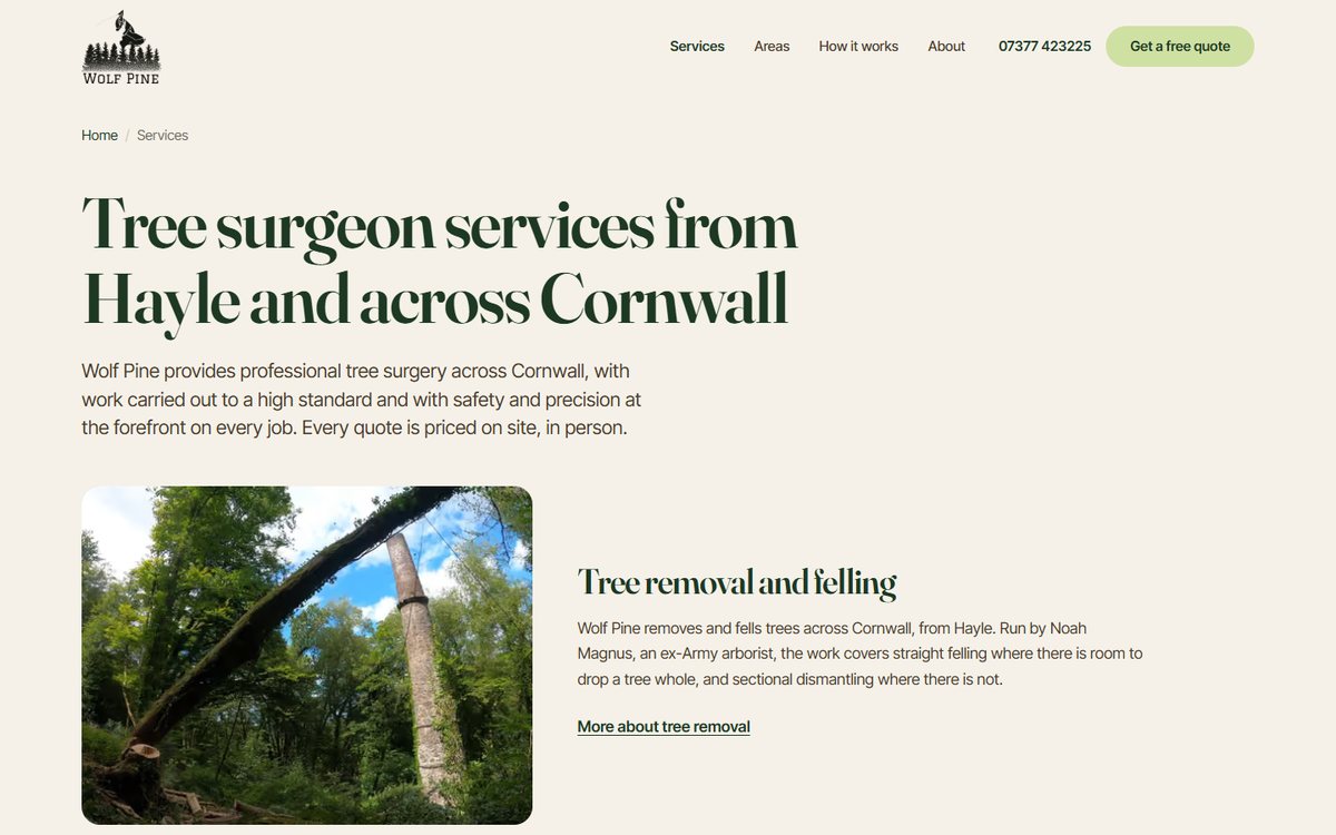 The Wolf Pine services page: climbing, removal, pruning and hedge cutting, each with one of Noah's own job photographs